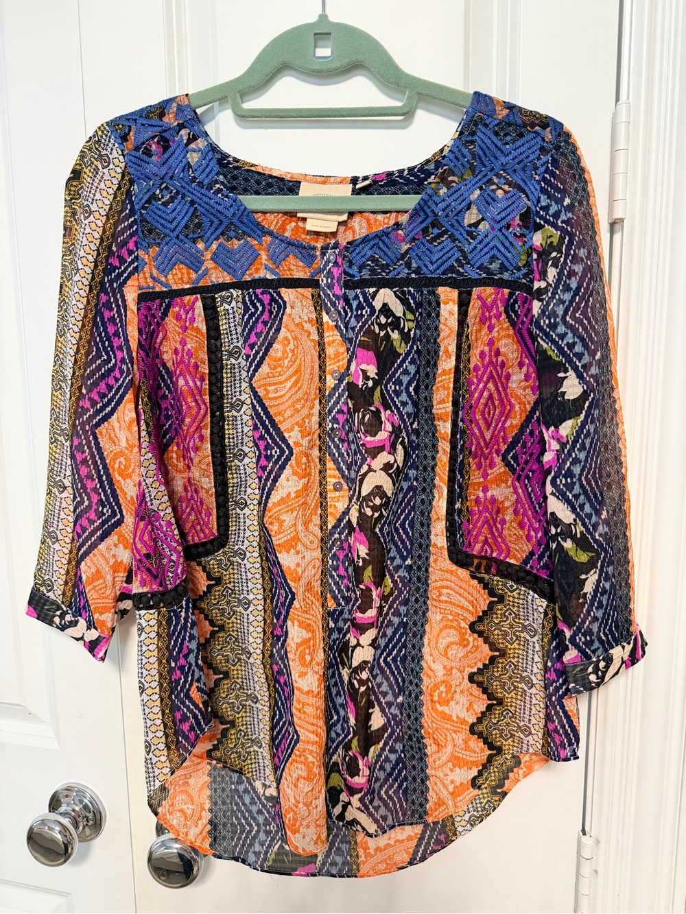 Vanessa Virginia Anthropologie Patchwork Print Embroidered Blouse Sz 6